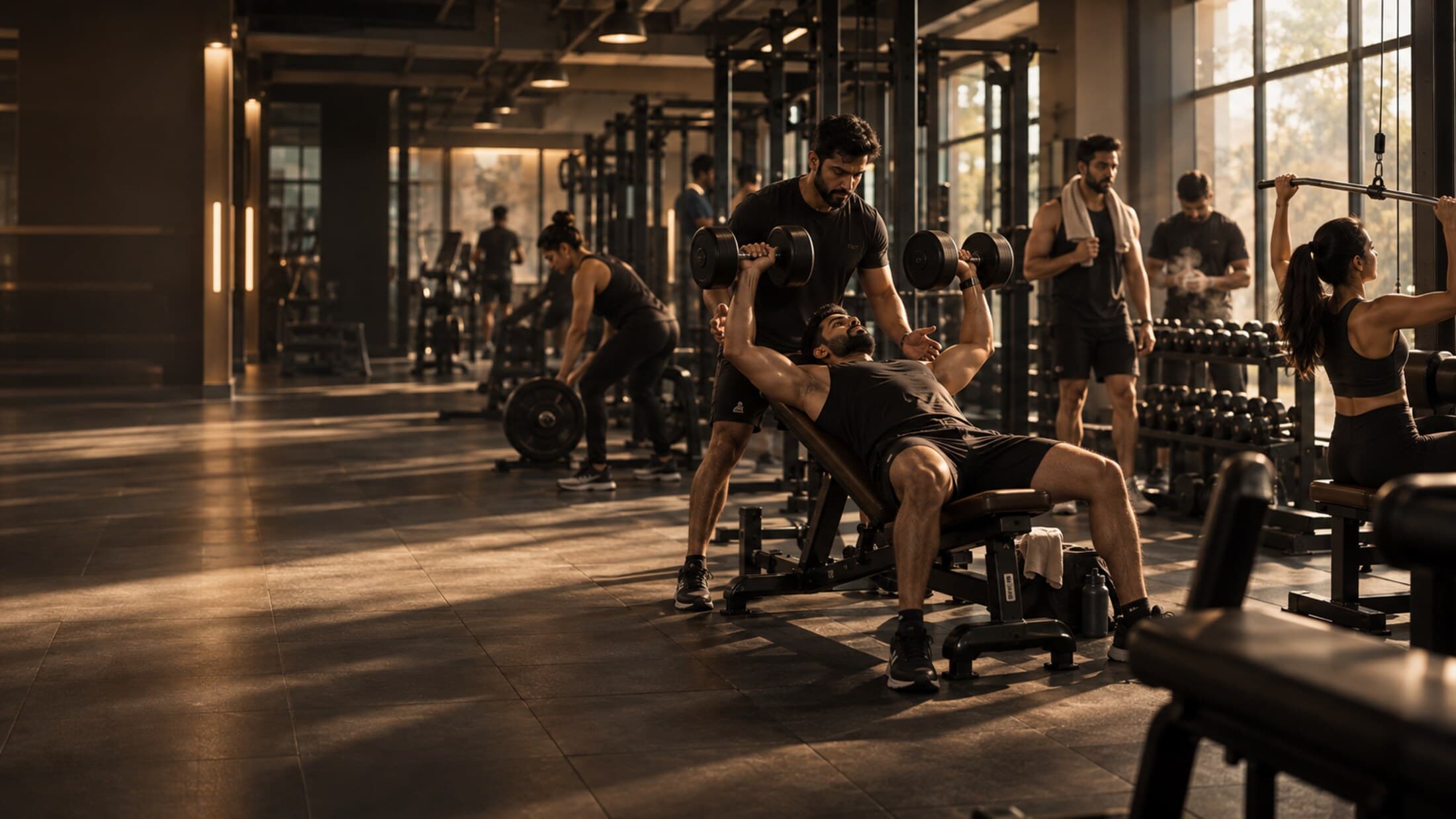 Members training on the clubU7 floor in warm morning light, one pressing dumbbells with a spotter