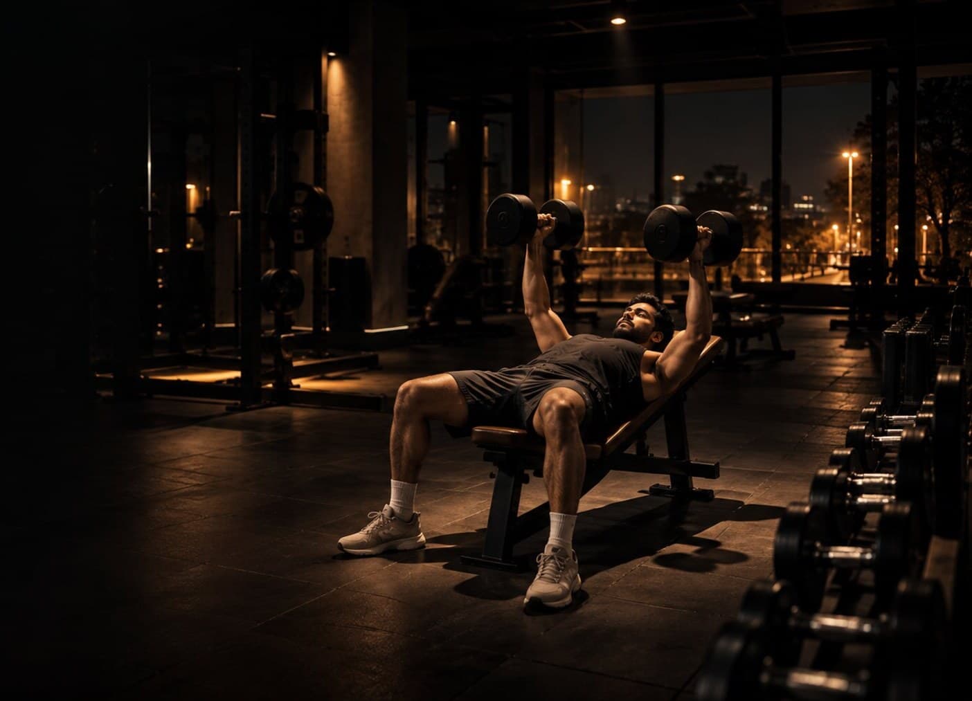 A member training alone on the gym floor at night under a single overhead light