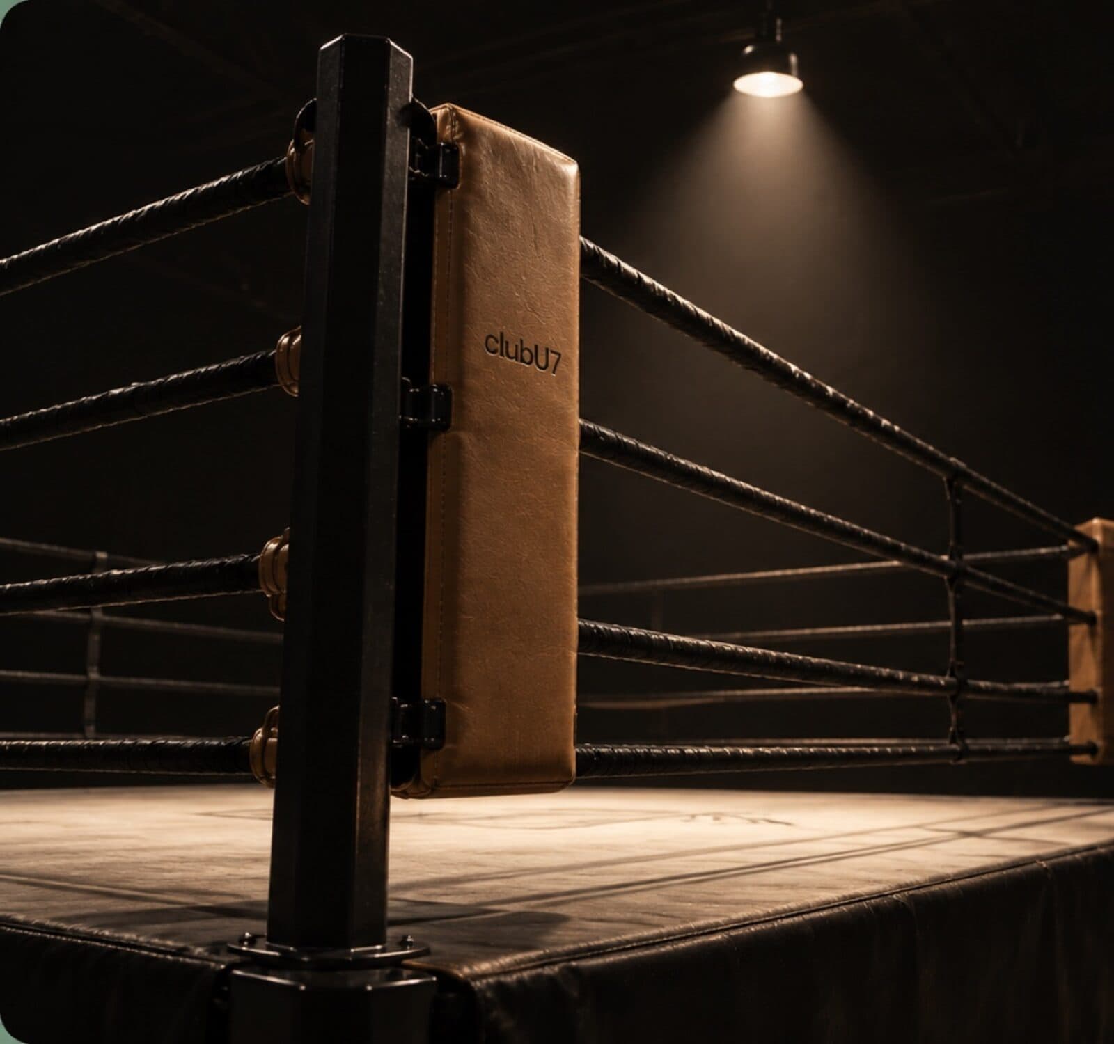 A competition boxing ring corner under a single hard overhead light