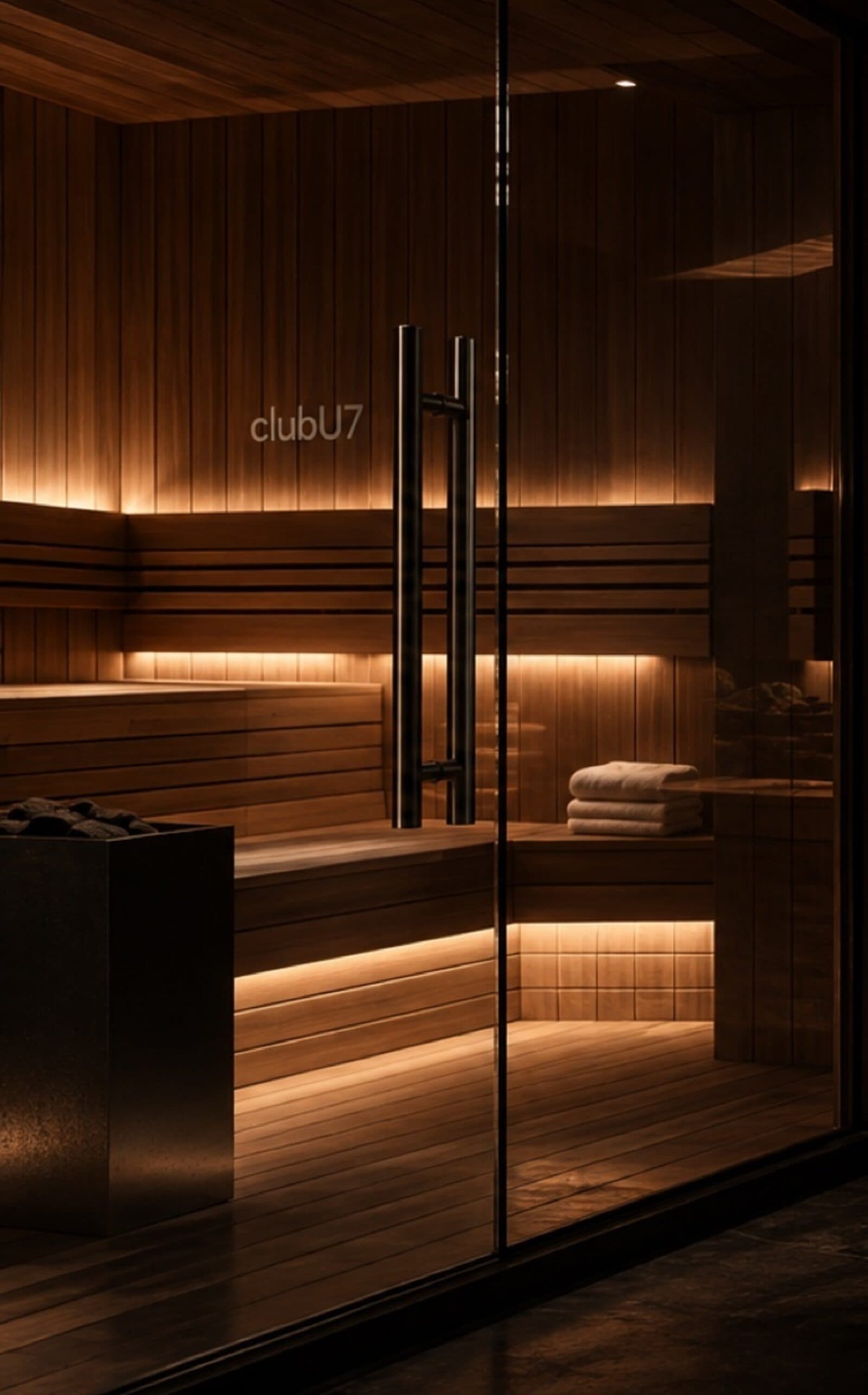 A sauna lit by a low warm strip beneath the benches