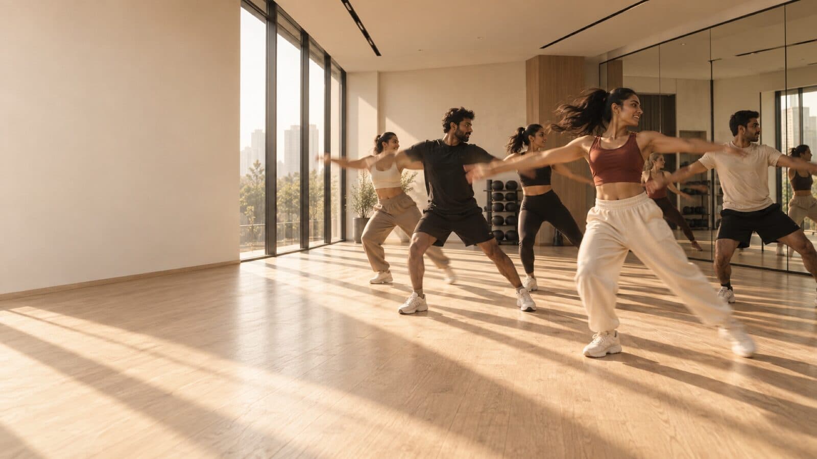 A group mid movement in a dance cardio class in a sunlit mirrored studio